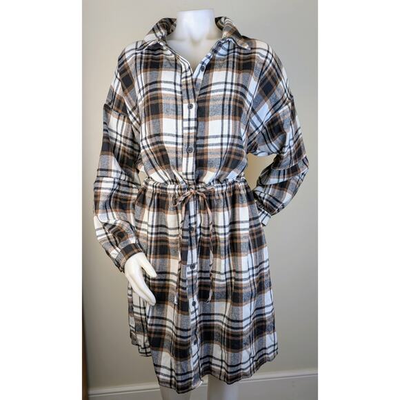 Blooming Jelly Flannel Shirt Dress XL Brown Plaid Stretch Cowgirl Western NEW - Picture 7 of 9